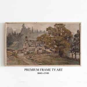 Könnte beinhalten: Gerahmtes Landschaftsgemälde, das ein Steinhäuschen inmitten von Bäumen und einer kurvenreichen Straße zeigt. Das Kunstwerk verwendet gedämpfte Brauntöne, Grün und Grau, mit dem Text "PREMIUM FRAME TV ART" und den Maßen 3840 x 2160.