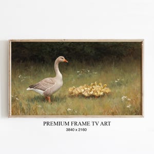 Könnte beinhalten: Gerahmtes Gemälde einer Gans mit ihren Küken auf einer Wiese. Die Gans ist grau und weiß mit einem orangefarbenen Schnabel. Die Küken sind gelb. Das Gemälde hat ein natürliches, ländliches Thema. Der Text "PREMIUM FRAME TV ART" ist sichtbar.