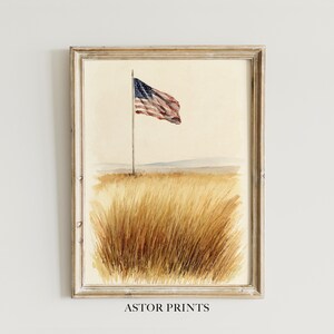 Könnte beinhalten: Aquarelldruck einer amerikanischen Flagge, die in einem Feld aus hohem, goldenem Gras weht. Das Kunstwerk ist in einem rustikalen, hellfarbigen Holzrahmen gerahmt. Der Text "ASTOR PRINTS" ist unten im Rahmen aufgedruckt.