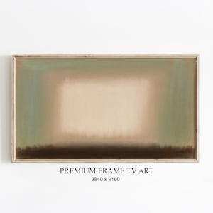 Könnte beinhalten: Abstrakter Kunstdruck in einem Holzrahmen. Das Kunstwerk zeigt ein rechteckiges Design mit einem zentralen beigen Bereich, umgeben von gedämpften Grün- und Brauntönen. Der Text "PREMIUM FRAME TV ART" wird darunter angezeigt.