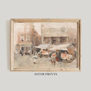 Könnte beinhalten: Aquarellmalerei einer europäischen Marktszene in einem Holzrahmen. Das Kunstwerk zeigt einen geschäftigen Markt mit Händlern, Käufern und Gebäuden in gedämpften Braun-, Beige- und Grautönen. Der Text "ASTOR PRINTS" ist unten sichtbar.
