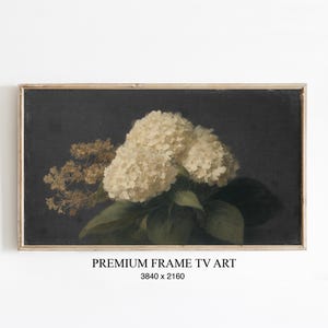 Könnte beinhalten: Gerahmtes Stillleben mit weißen Hortensien und kleineren, getrockneten Blüten. Das Kunstwerk hat einen dunklen Hintergrund und trägt die Aufschrift "PREMIUM FRAME TV ART". Der Rahmen ist hell.