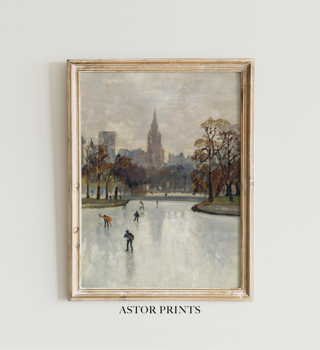 Vintage Winter Ice Skating Painting: City Park Skyline Landscape ...