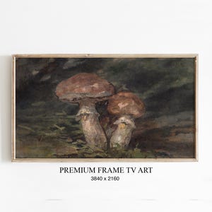 Könnte beinhalten: Ein gerahmter Druck eines Aquarells mit zwei braunen Pilzen mit hellen Stielen. Das Kunstwerk ist vor einem dunkelgrünen und braunen Hintergrund platziert, mit dem Text "PREMIUM FRAME TV ART" und den Abmessungen 3840 x 2160.