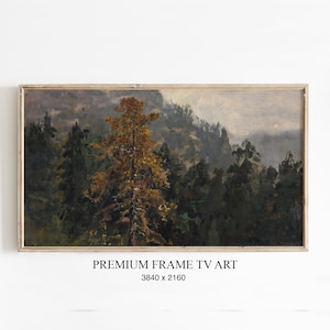Könnte beinhalten: Gerahmtes Landschaftsgemälde mit einem hohen Baum mit goldbraunem Laub vor dem Hintergrund dunkler grüner Bäume und einer nebligen Bergkette. Das Kunstwerk befindet sich in einem Holzrahmen, mit dem Text "PREMIUM FRAME TV ART" und der Auflösung 3840 x 2160.