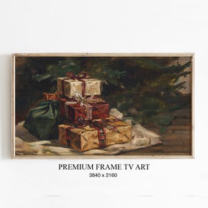 Könnte beinhalten: Gerahmtes Gemälde mit Geschenkpaketen in Gold-, Rot- und Cremetönen, mit Bändern gebunden. Links ist ein grüner Sack zu sehen. Der Text "PREMIUM FRAME TV ART" und die Auflösung 3840 x 2160 befinden sich unten.