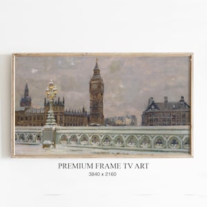 Könnte beinhalten: Gerahmtes Gemälde des Palace of Westminster und Big Ben in London, unter Schnee. Das Kunstwerk verwendet gedämpfte Töne von Grau, Braun und Beige. Der Text "PREMIUM FRAME TV ART" und die Abmessungen 3840 x 2160 sind sichtbar.