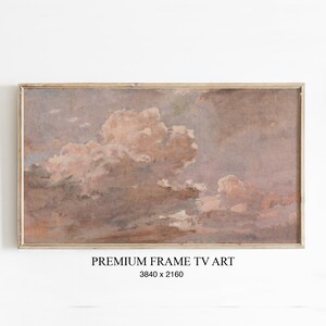 Könnte beinhalten: Ein gerahmter digitaler Kunstdruck mit einem bewölkten Himmel in Rosa-, Grau- und Brauntönen. Das Kunstwerk hat eine Vintage-Ästhetik und ist mit "PREMIUM FRAME TV ART" und der Auflösung 3840 x 2160 versehen.