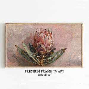 Könnte beinhalten: Gerahmter Kunstdruck mit einer Protea-Blume in Rosa-, Grün- und Brauntönen. Das Kunstwerk hat eine Vintage-Ästhetik mit sichtbaren Pinselstrichen und einer weichen Farbpalette. Der Text "PREMIUM FRAME TV ART" ist unter dem Bild zu sehen.