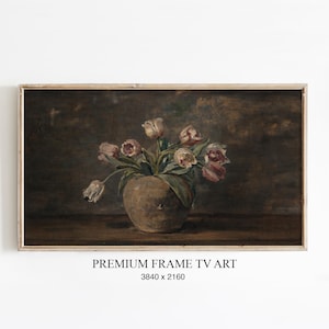 Samsung Frame TV Art, Moody Spring Tulips, Vintage Oil Painting, Easter Floral Decor, Dark Still Life Flowers, Country Cottagecore Art,