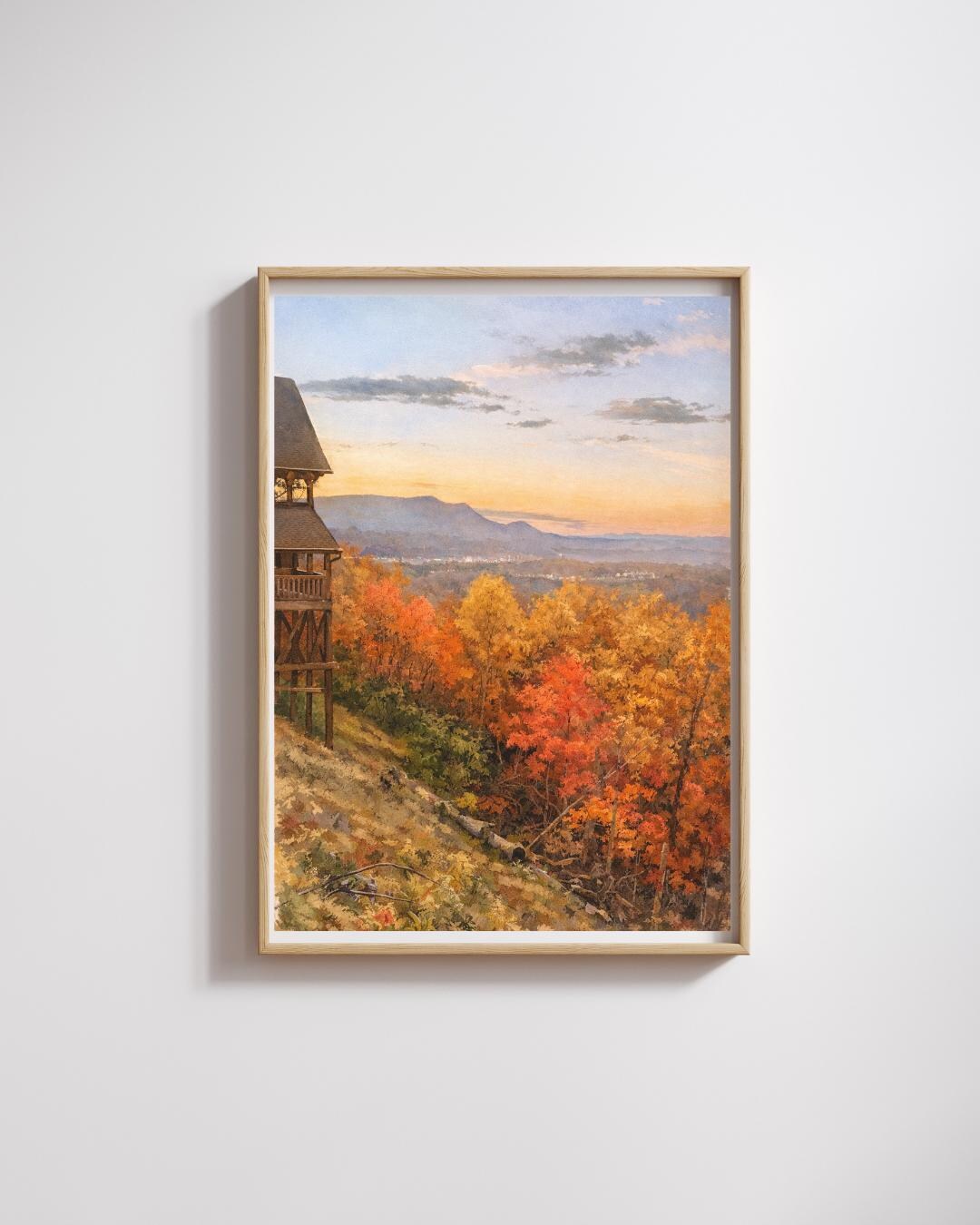 Autumn Mountain Cabin Landscape Art Print | Rustic Wall Art | Cozy ...