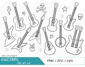 Guitar illustrations - Fun Hand Illustrated Digital Clipart Graphics, JPG, PNG, SVG, Cricut users. Electric rock and acoustic guitars