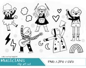 Musicians Character illustrations - Fun Hand Drawn Digital Clipart Graphics, JPG, PNG, SVG. Cricut ready files. Guitar, Drums, Megaphone.