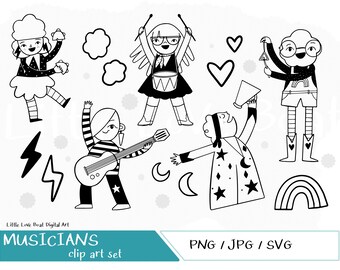 Musicians Character illustrations - Fun Hand Drawn Digital Clipart Graphics, JPG, PNG, SVG. Cricut ready files. Guitar, Drums, Megaphone.