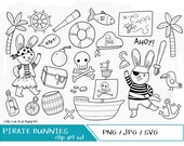 Pirate bunny illustrations - Cute Hand Drawn Digital Download Clipart Graphics, SVG, PNG, JPG. Cricut Cut files. Black and White Icons.