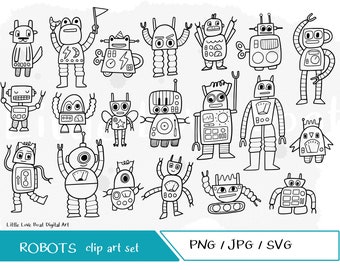 Robots illustrations - Fun Hand Illustrated Digital Clipart Graphics, JPG, PNG, SVG. Cricut cut files. Black and white.