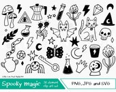 Spooky magic illustrations - Cute Fun Hand drawn Halloween Digital Clipart Graphics, SVG, PNG, EPS. Cricut ready svg file. Black and white.