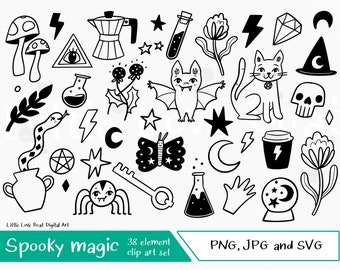 Spooky magic illustrations - Cute Fun Hand drawn Halloween Digital Clipart Graphics, SVG, PNG, EPS. Cricut ready svg file. Black and white.