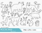 Woodland animal illustrations - Fun Hand Drawn Digital Forrest, Flora and Fauna Clipart Graphics, jpg, PNG, SVG. Cricut cut files