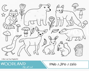 Woodland animal illustrations - Fun Hand Drawn Digital Forrest, Flora and Fauna Clipart Graphics, jpg, PNG, SVG. Cricut cut files