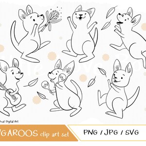 Digitale Illustrationen von australischen Känguru - handgezeichnete digitale Cliparts, JPG, PNG, SVG. Cricut Cut Dateien. Schwarz und weiß