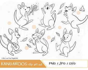 Digital Australian Kangaroo illustrations - Hand Drawn Digital Clipart, JPG, PNG, SVG. Cricut Cut files. Black and white