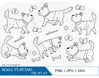 Dogs playing and butterflies Clipart illustrations - Original Hand Drawn Digital Graphics, JPG, PNG, SVG. Cricut cut files. Clip art