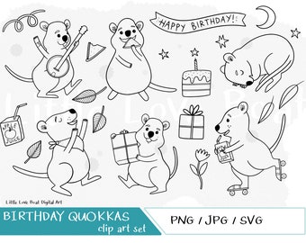 Australian Quokka Birthday Clipart illustrations - Original Fun Hand Drawn Digital Graphics, JPG, PNG, SVG. Cricut cut files. Clip art