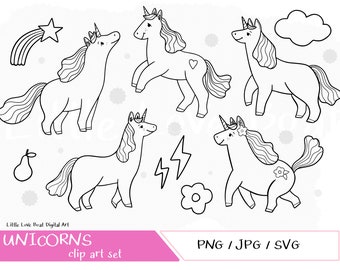 Unicorns illustrations - Cute Fun Hand Drawn Digital Clipart Graphics, JPG, PNG, SVG. Cricut ready svg