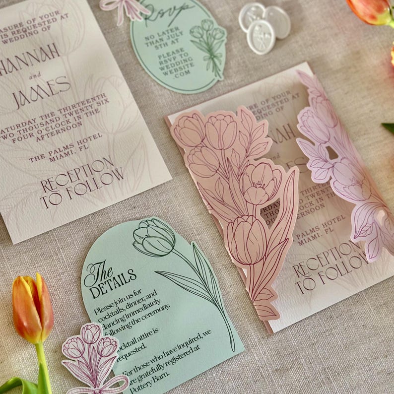 Plantilla SVG para invitaciones de boda con diseño de tulipanes para Cricut / Invitación para imprimir y cortar / Plantilla de invitación de lujo para hacer tú mismo / 5x7, 4.25x6, 4x6 imagen 2