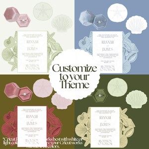 Pode incluir: Uma cole&ccedil;&atilde;o de quatro modelos de convites de casamento com ilustra&ccedil;&otilde;es de conchas, caixas de veludo hexagonais para an&eacute;is e o texto Customize to your theme. Os convites incluem detalhes para Hannah e James no The Palms Hotel, Miami, FL.