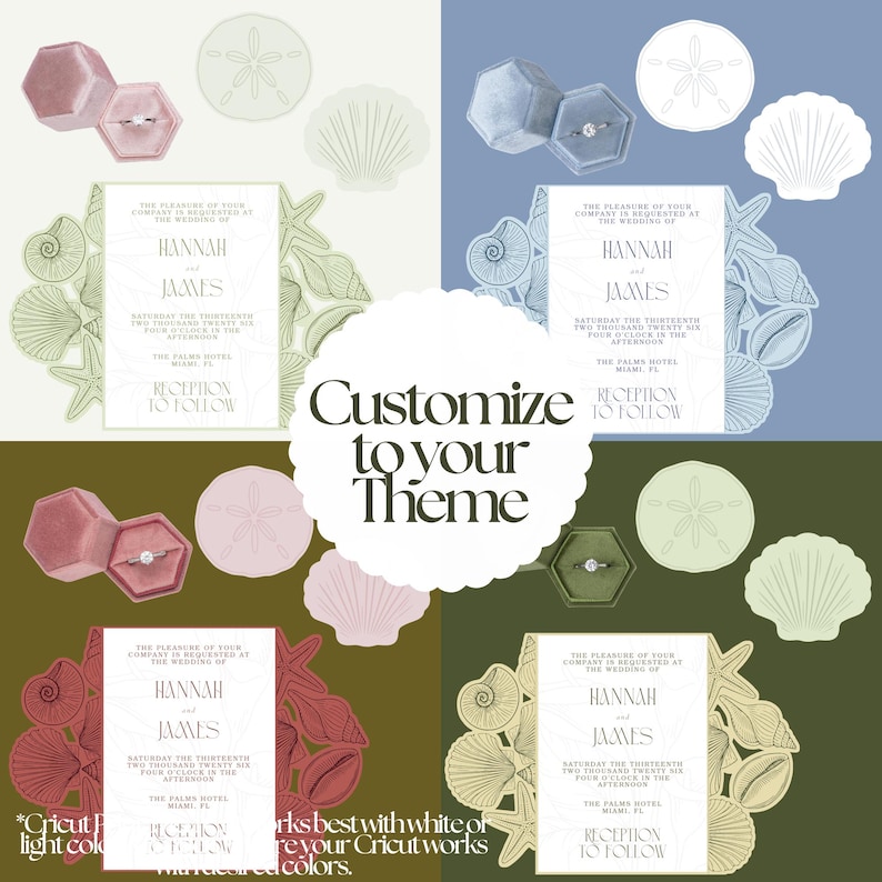 Pode incluir: Uma cole&ccedil;&atilde;o de quatro modelos de convites de casamento com ilustra&ccedil;&otilde;es de conchas, caixas de veludo hexagonais para an&eacute;is e o texto Customize to your theme. Os convites incluem detalhes para Hannah e James no The Palms Hotel, Miami, FL.
