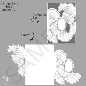 May include: Ginkgo Leaf Invitation Jacket 5x7. A flatlay and wrapped-up view of a white invitation with a ginkgo leaf design. The design features detailed, stylized ginkgo leaves in white on a gray background. The invitation has an oval shape in the center.