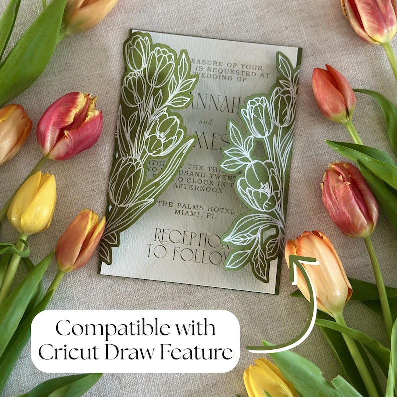 Plantilla SVG para invitaciones de boda con diseño de tulipanes para Cricut / Invitación para imprimir y cortar / Plantilla de invitación de lujo para hacer tú mismo / 5x7, 4.25x6, 4x6 imagen 8