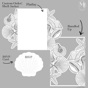 Puede incluir: Un conjunto de invitaciones con temática de conchas marinas. El conjunto incluye una funda de concha, una invitación principal y una tarjeta de confirmación de asistencia. El diseño presenta dibujos lineales detallados de varias conchas marinas y estrellas de mar, todo en blanco sobre un fondo gris.