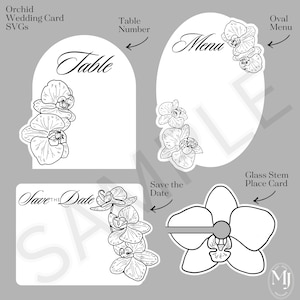 Könnte beinhalten: Schwarz-weiße Hochzeits-Papeterie-Set mit Orchideenblüten-Illustrationen. Enthält Tischkarten, Menükarten, Save-the-Date-Karten und Platzkarten-Designs. Auf grauem Hintergrund.