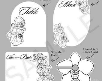 Orchidee Hochzeit SVG | Save the Date, ovales Menü, Tischnummer, Glasstamm-Tischkarte | Cricut PrintThen Cut Einladung