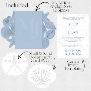 Pode incluir: Um conjunto de design digital com uma bolsa de convite SVG azul-clara com ilustra&ccedil;&otilde;es de conchas, dois cart&otilde;es de inser&ccedil;&atilde;o SVG em forma de concha e bolacha-da-praia, e um modelo de convite Canva branco com texto de casamento.
