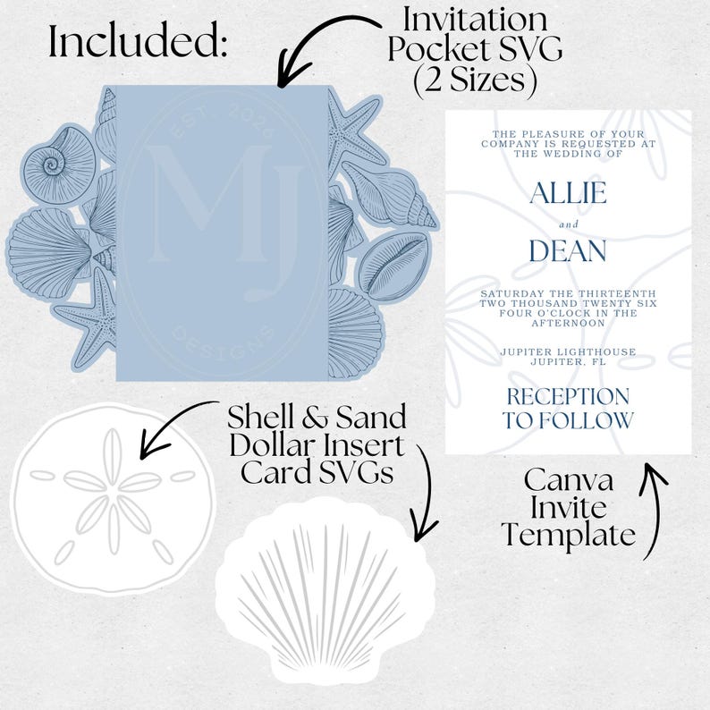 Pode incluir: Um conjunto de design digital com uma bolsa de convite SVG azul-clara com ilustra&ccedil;&otilde;es de conchas, dois cart&otilde;es de inser&ccedil;&atilde;o SVG em forma de concha e bolacha-da-praia, e um modelo de convite Canva branco com texto de casamento.