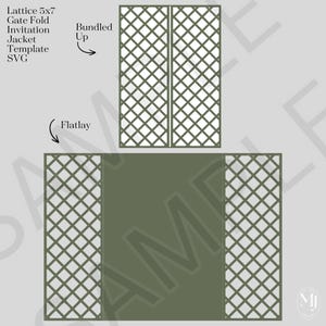 May include: A Lattice 5x7 Gate Fold Invitation Jacket Template SVG shown in two configurations: a closed Bundled Up view and an open Flatlay view. The design features a dark olive green color with a repeating diamond-shaped lattice cutout pattern.
