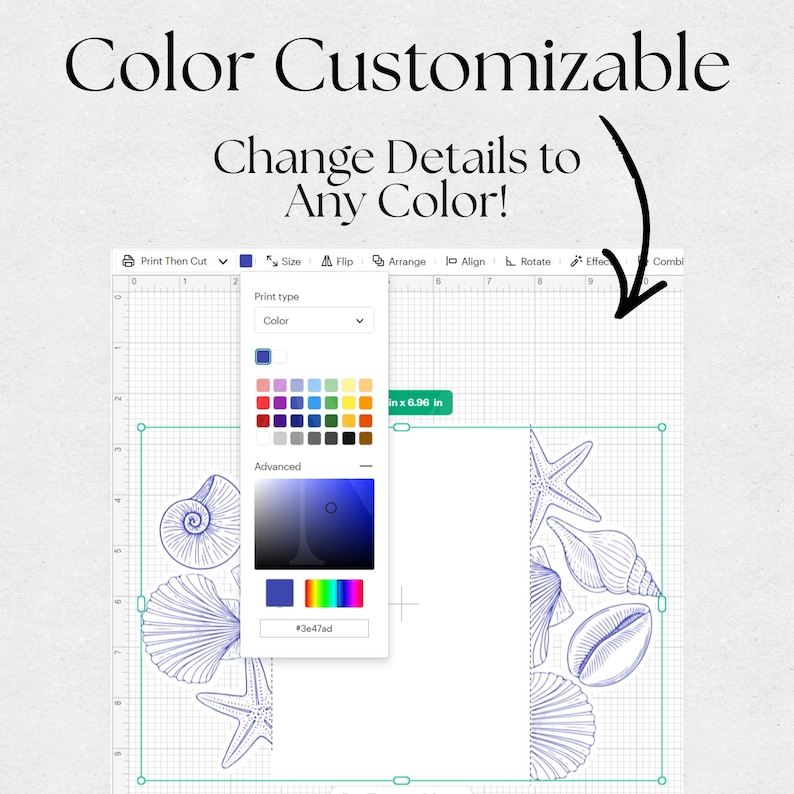 Pode incluir: Uma interface de design digital exibindo um menu de personaliza&ccedil;&atilde;o de cores em um fundo de grade. O texto diz Color Customizable e Change Details to Any Color. Ilustra&ccedil;&otilde;es em linhas azuis de v&aacute;rias conchas e estrelas-do-mar est&atilde;o vis&iacute;veis.