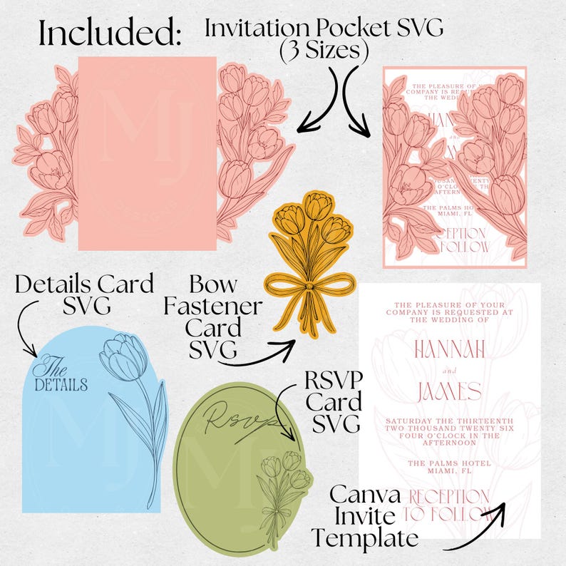 Plantilla SVG para invitaciones de boda con diseño de tulipanes para Cricut / Invitación para imprimir y cortar / Plantilla de invitación de lujo para hacer tú mismo / 5x7, 4.25x6, 4x6 imagen 11