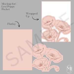 Könnte beinhalten: Ein Mockup für ein Lexi Poppy Pocket Design. Das Bild zeigt ein Flatlay einer hellrosa Karte und einer Karte mit einem Mohnblumen-Design. Das Mohnblumen-Design ist hellbraun. Die Wörter "Wrapped Up" und "Flatlay" sind ebenfalls im Bild.