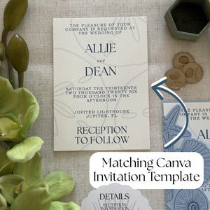 Pode incluir: Um convite de casamento na cor creme com texto em azul escuro que diz Allie and Dean, Saturday the thirteenth, two thousand twenty six, four o'clock in the afternoon, Jupiter Lighthouse, Jupiter, FL, e Reception to follow.