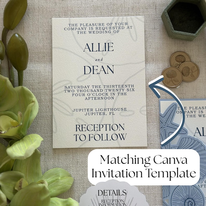 Pode incluir: Um convite de casamento na cor creme com texto em azul escuro que diz Allie and Dean, Saturday the thirteenth, two thousand twenty six, four o'clock in the afternoon, Jupiter Lighthouse, Jupiter, FL, e Reception to follow.