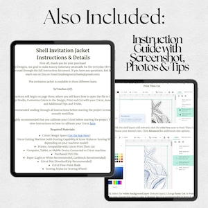 Pode incluir: Dois tablets digitais exibindo um guia de instru&ccedil;&otilde;es para uma capa de convite de concha. A tela esquerda mostra detalhes de texto e materiais, enquanto a tela direita exibe capturas de tela de software com gr&aacute;ficos de estrelas.