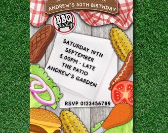 Personalised BBQ Garden Grill Birthday Party Invitations A6 Size x12 Includes Envelopes