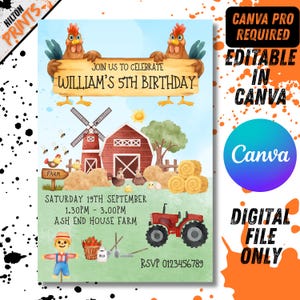 Könnte beinhalten: Eine digitale Einladung mit Bauernhof-Thema. Zwei Cartoon-Hühner halten ein Holzschild mit der Aufschrift "Feiern Sie mit uns Williams 5. Geburtstag". Das Design umfasst eine rote Scheune, eine Windmühle, einen Traktor und Heuballen. Der Text lautet "Samstag, 19. September, 13:30 - 15:00 Uhr, Ash End House Farm."