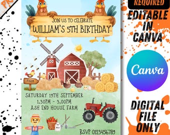 Farm Animals Birthday Party Invitation Template 4x6 Inch (Canva Editable, Digital Download) (Canva Pro Required For This Design)