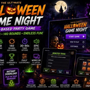May include: A web-based Halloween Game Night party game featuring 13 games and 140 rounds. The interface displays neon-colored icons, a Monster Trivia screen, and a Pumpkin Memory game. Text includes "The Ultimate Halloween Game Night" and "20X Longer!"